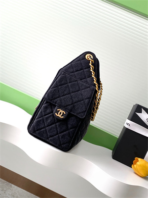 Ch*el 25 small handbag black denim gold tone metal as5293