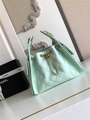 Ch*el 25 small handbag grained calfskin gold tone metal lt green as5293