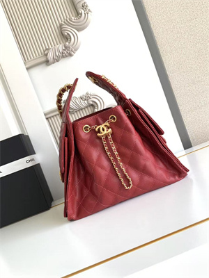 Ch*el 25 small handbag grained calfskin gold tone metal dk red as5293