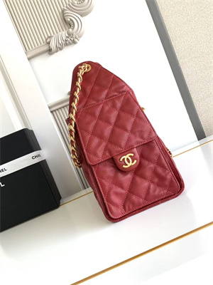 Ch*el 25 small handbag grained calfskin gold tone metal dk red as5293