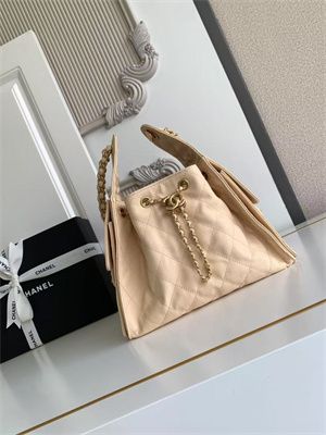 Ch*el 25 small handbag grained calfskin gold tone metal beige as5293