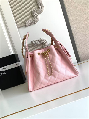 Ch*el 25 small handbag grained calfskin gold tone metal pink as5293