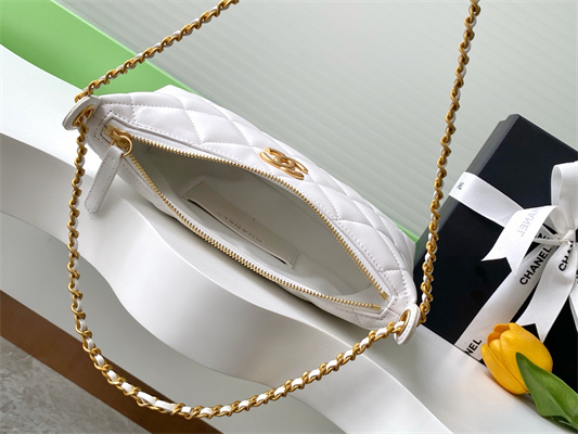 Ch*el hobo bag lambskin gold tone metal white as5528