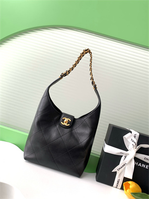 Ch*el hobo bag lambskin gold tone metal black as5403