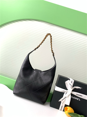 Ch*el hobo bag lambskin gold tone metal black as5403
