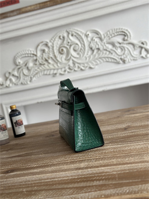 Kelly Pochette Bag Embossed Crocodile Silver Tone Hardware Dk Green HS