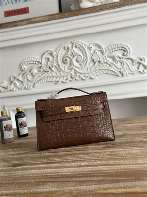 Kelly Pochette Bag Embossed Crocodile Gold Tone Hardware Brown HS