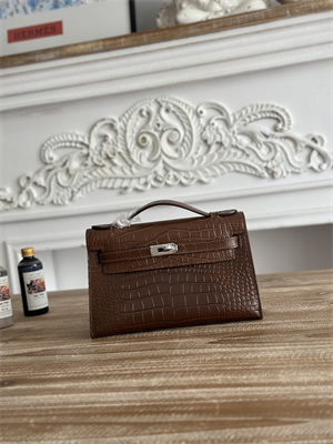 Kelly Pochette Bag Embossed Crocodile Silver Tone Hardware Brown HS