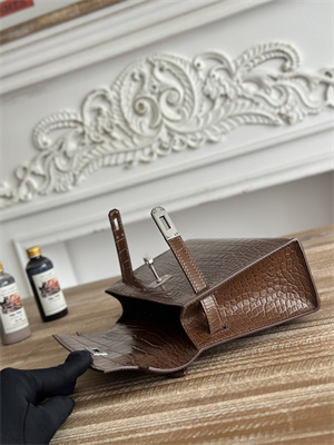 Kelly Pochette Bag Embossed Crocodile Silver Tone Hardware Brown HS