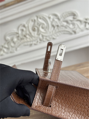 Kelly Pochette Bag Embossed Crocodile Silver Tone Hardware Brown HS