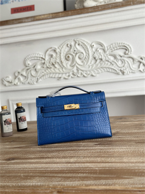 Kelly Pochette Bag Embossed Crocodile Gold Tone Hardware Blue Hydra HS