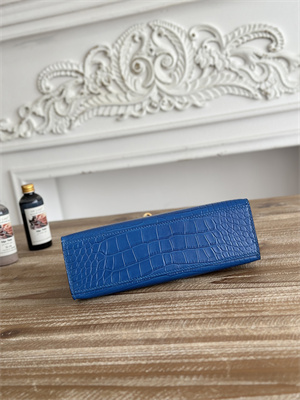 Kelly Pochette Bag Embossed Crocodile Gold Tone Hardware Blue Hydra HS
