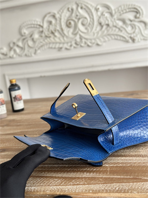 Kelly Pochette Bag Embossed Crocodile Gold Tone Hardware Blue Hydra HS