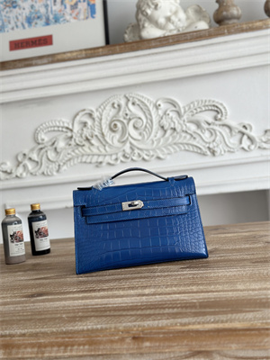 Kelly Pochette Bag Embossed Crocodile Silver Tone Hardware Blue Hydra HS
