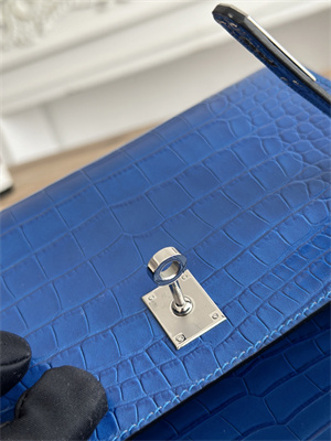 Kelly Pochette Bag Embossed Crocodile Silver Tone Hardware Blue Hydra HS