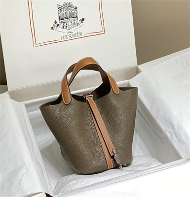 Picotin Lock Bag 18 Togo Leather Silver Tone Metal In Etoupe/Gold HS