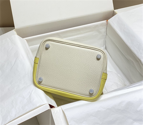 Picotin Lock Bag 18 Togo Leather Silver Tone Metal In Craie/Jaune Poussin HS