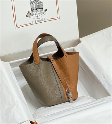 Picotin Lock Bag 18 Togo Leather Silver Tone Metal In Etoupe/Gold HS