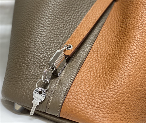 Picotin Lock Bag 18 Togo Leather Silver Tone Metal In Etoupe/Gold HS