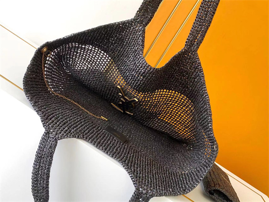 Y.S.L ICARE MAXI SHOPPING BAG IN Raffia Gold Tone Metal Black