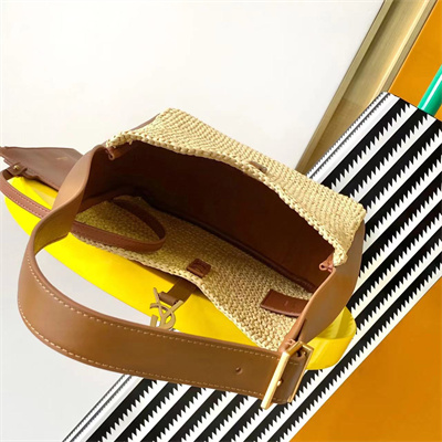 Y.S.L LE 5 A 7 SMALL HOBO BAG In Brown Leather & Raffia