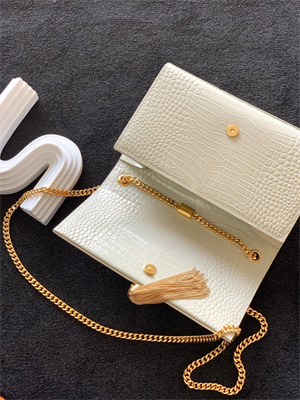 Y.S.L KATE MEDIUM TASSEL IN CROCODILE EMBOSSED Leather Gold Tone Metal White Color