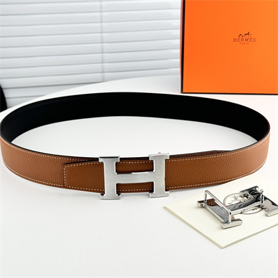 H**mes men’s reversible belt 38mm calfskin leather silver tone hardware brown/black