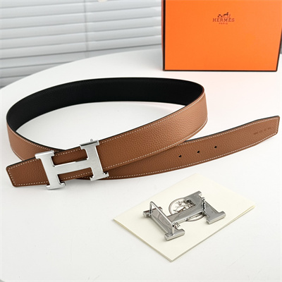 H**mes men’s reversible belt 38mm calfskin leather silver tone hardware brown/black