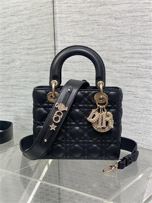 cd small lady di.or my abcD*or bag cannage lambskin gold tone metal with pearl charm black
