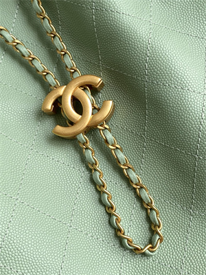 Ch*el 25 medium handbag grained calfskin gold tone metal green as5311