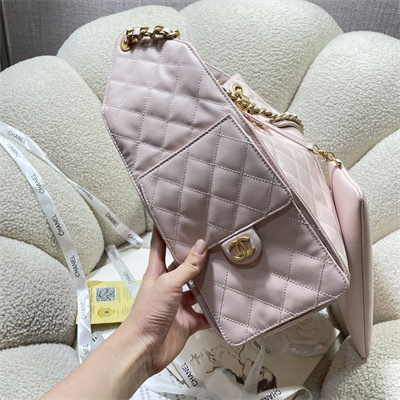 Ch*el 25 medium handbag grained calfskin gold tone metal pink as5311