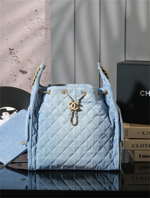 Ch*el 25 medium handbag denim blue gold tone metal blue as5311