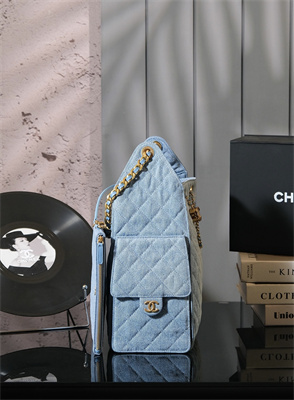 Ch*el 25 medium handbag denim blue gold tone metal blue as5311