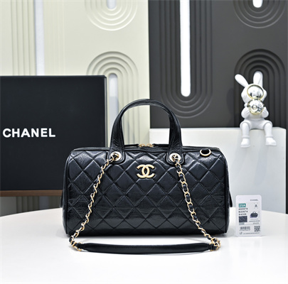 Cha.nel Large Bowling Bag Grained Shiny Calfskin & Gold-Tone Metal Black AS5579