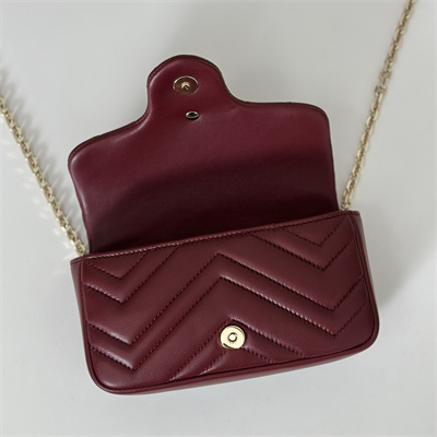 Gu.cci GG Marmont Mini shoulder bag matelassé chevron lambskin leather Lt Gold toned hardware Rosso Ancora red 841290