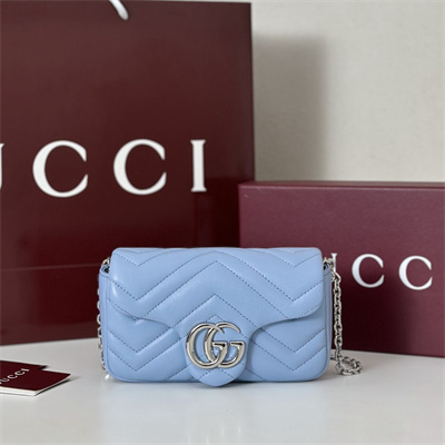 Gu.cci GG Marmont Mini shoulder bag matelassé chevron lambskin leather Silver toned hardware Lt Blue 841290
