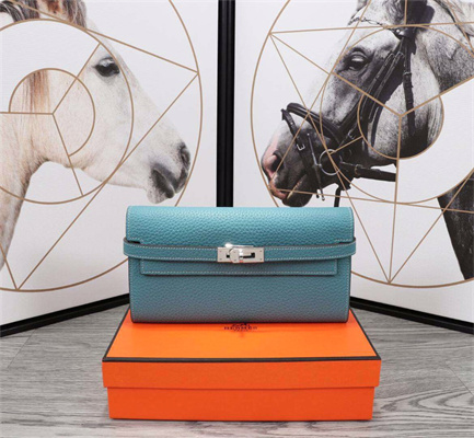 Her.mes Kelly Classic Wallet Calfskin Blue Jean Color Silver tone Metal