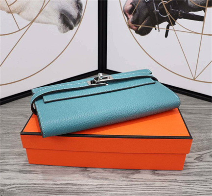 Her.mes Kelly Classic Wallet Calfskin Blue Jean Color Silver tone Metal