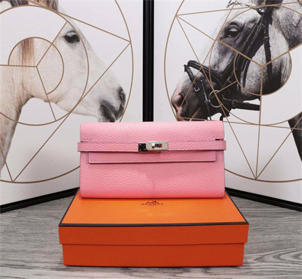 Her.mes Kelly Classic Wallet Calfskin Rose Sakura Color Silver tone Metal