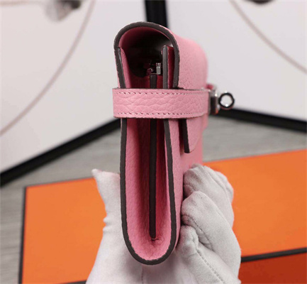 Her.mes Kelly Classic Wallet Calfskin Rose Sakura Color Silver tone Metal