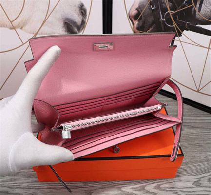 Her.mes Kelly Classic Wallet Calfskin Rose Sakura Color Silver tone Metal