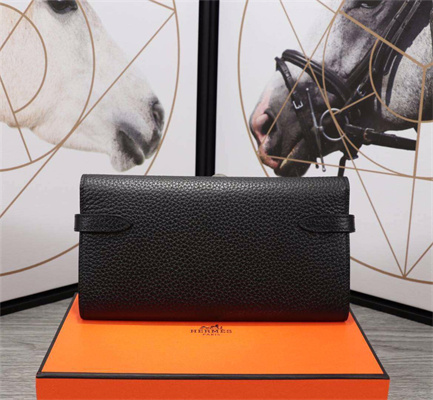 Her.mes Kelly Classic Wallet Calfskin Black Color Silver tone Metal