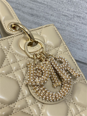 cd small lady di.or my abcD*or bag cannage lambskin gold tone metal with pearl charm beige