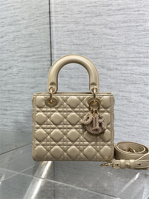 cd small lady di.or my abcD*or bag cannage lambskin gold tone metal with pearl charm beige