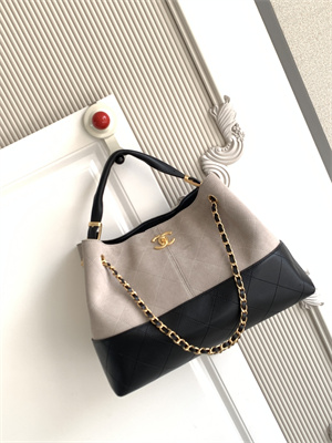 Ch*el small shopping bag suede calfskin, shiny lambskin & gold-tone metal grey & black as5634