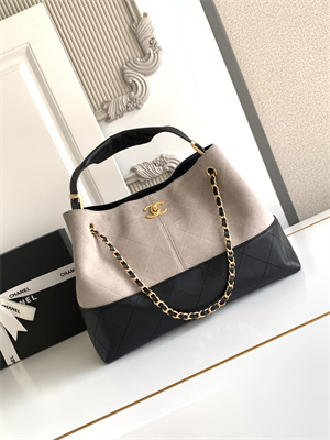 Ch*el small shopping bag suede calfskin, shiny lambskin & gold-tone metal grey & black as5634