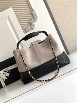 Ch*el small shopping bag suede calfskin, shiny lambskin & gold-tone metal grey & black as5634