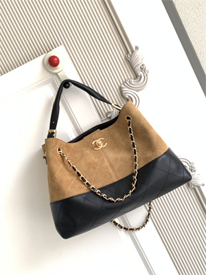 Ch*el small shopping bag suede calfskin, shiny lambskin & gold-tone metal  beige & black  as5634