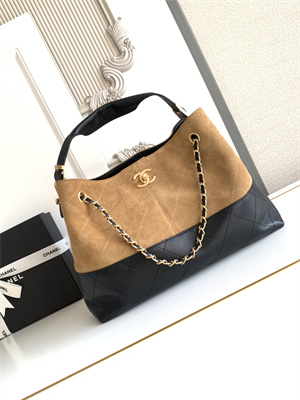 Ch*el small shopping bag suede calfskin, shiny lambskin & gold-tone metal  beige & black  as5634