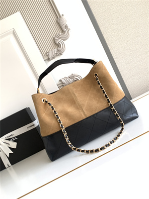 Ch*el small shopping bag suede calfskin, shiny lambskin & gold-tone metal  beige & black  as5634
